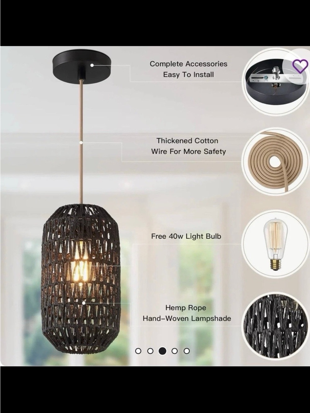 Hand-Woven Hemp Rope Pendant Light - Black